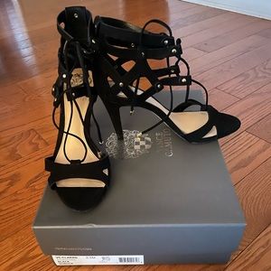 Vince Camuto “Claran” black suede lace up peep toe heels, size 6.5